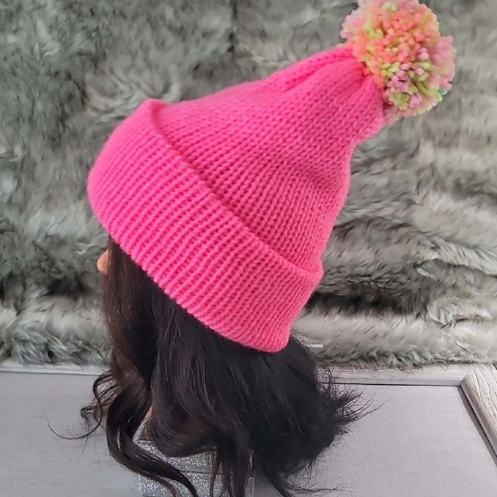 Handmade Pink Knit Beanie with Multicolor Pom-Pom